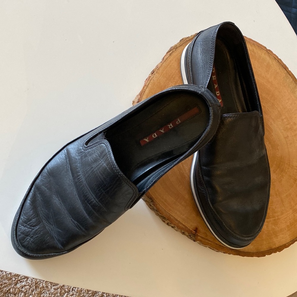 Mens black leather Prada loafers 6.5 7.5 38